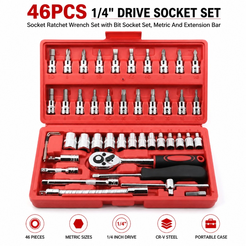 Maintenance Workshop Tools - 46Pcs 1/4 Inch Drive Ratchet Socket